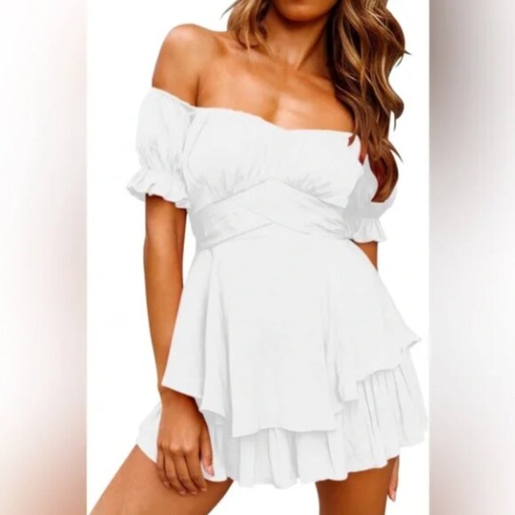 saints + secrets Pants - Saints + Secrets Elegant White Off-Shoulder Romper